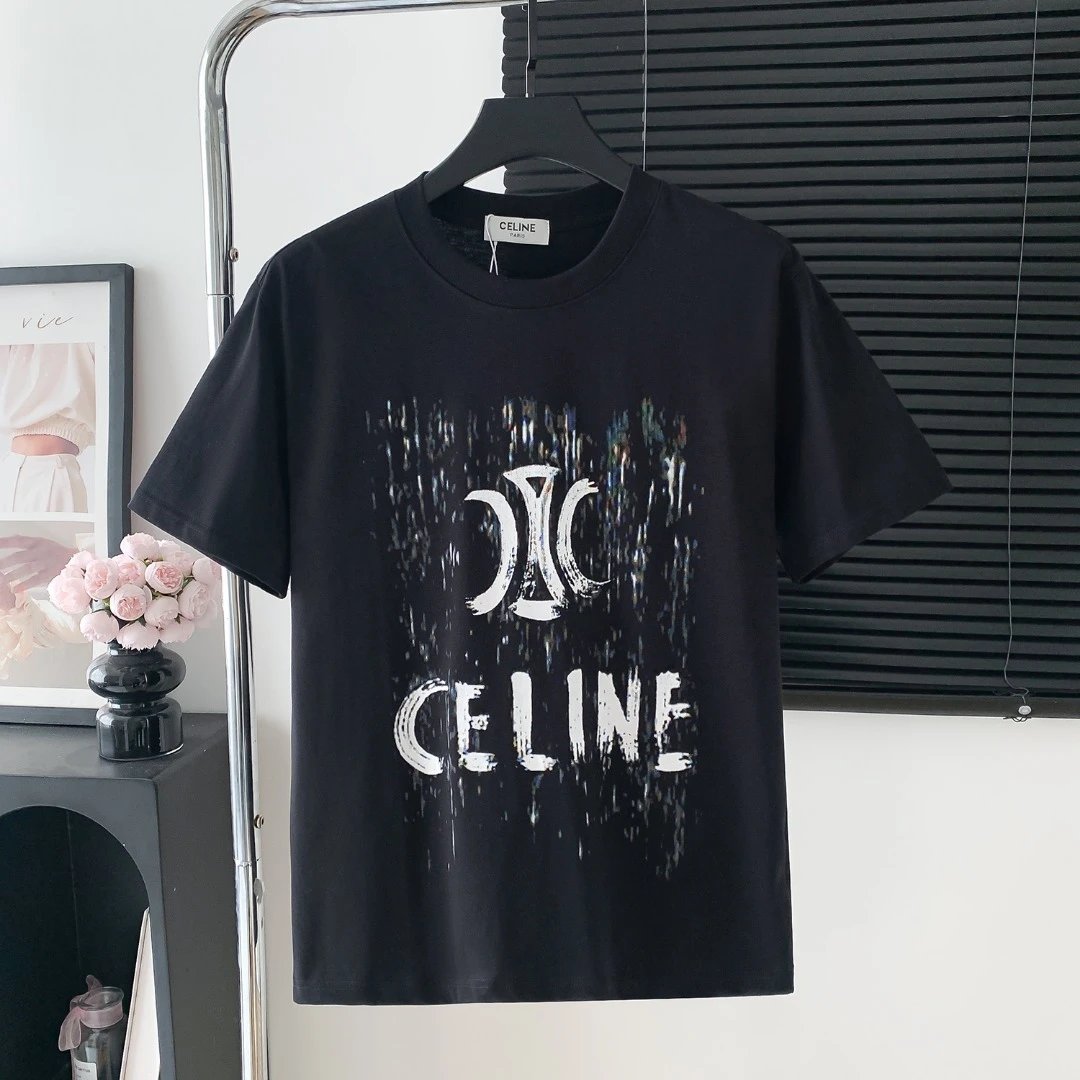 Celine T-shirt Chest logo Letter Printed round Neck Short Sleeve25ss New Pure Cotton Unisex Style T Casual T-Shirt Base Layer Shirt OS Loose Fit Half Sleeve Top Plus Size