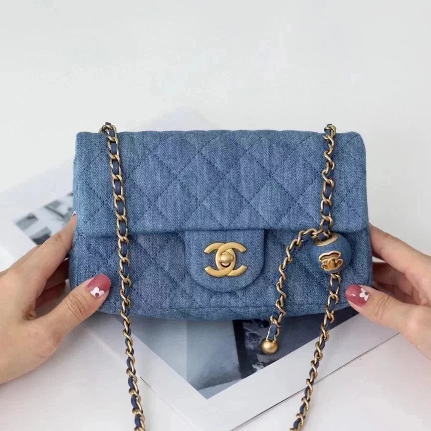 Chanel Women's Bag Top version 【Original Denim】2022Early Spring Vacation Series Denim miniCF/Square Fat Small Golden Balls Chain Shoulder Messenger Bag