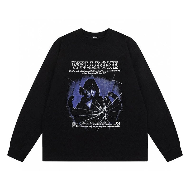 We11done Hoodie Top Version24S Human Face Mirror Slogan Heavy Weight American Retro High Street Loose T T-shirt Long Sleeve