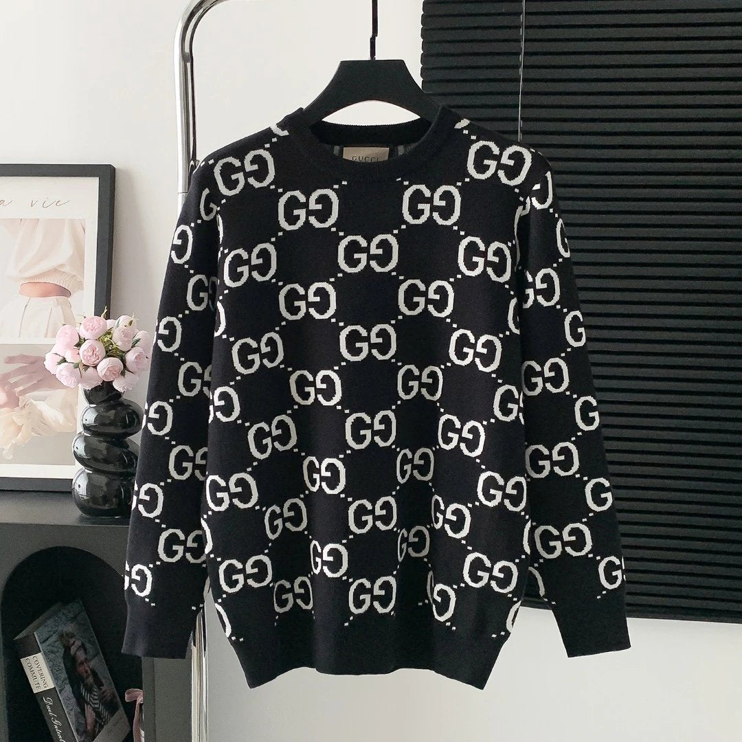 Gucci Sweater Double G Full Print Crew Neck Sweater25ss Spring New Thickened Long Sleeve Pullover Unisex OS Loose Fit Top Versatile Casual Jacket Lazy Style