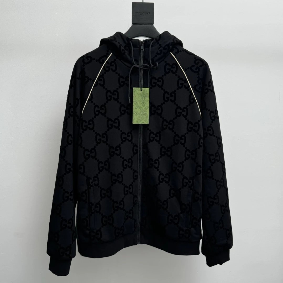 Gucci Jackets With Matching Pants Decorated with Woven Belt and Flocking Double G Pattern Zipper Jacket Casual Loose Hooded Cardigan Tracksuit Set Unisex24ss Autumn and Winter New Products