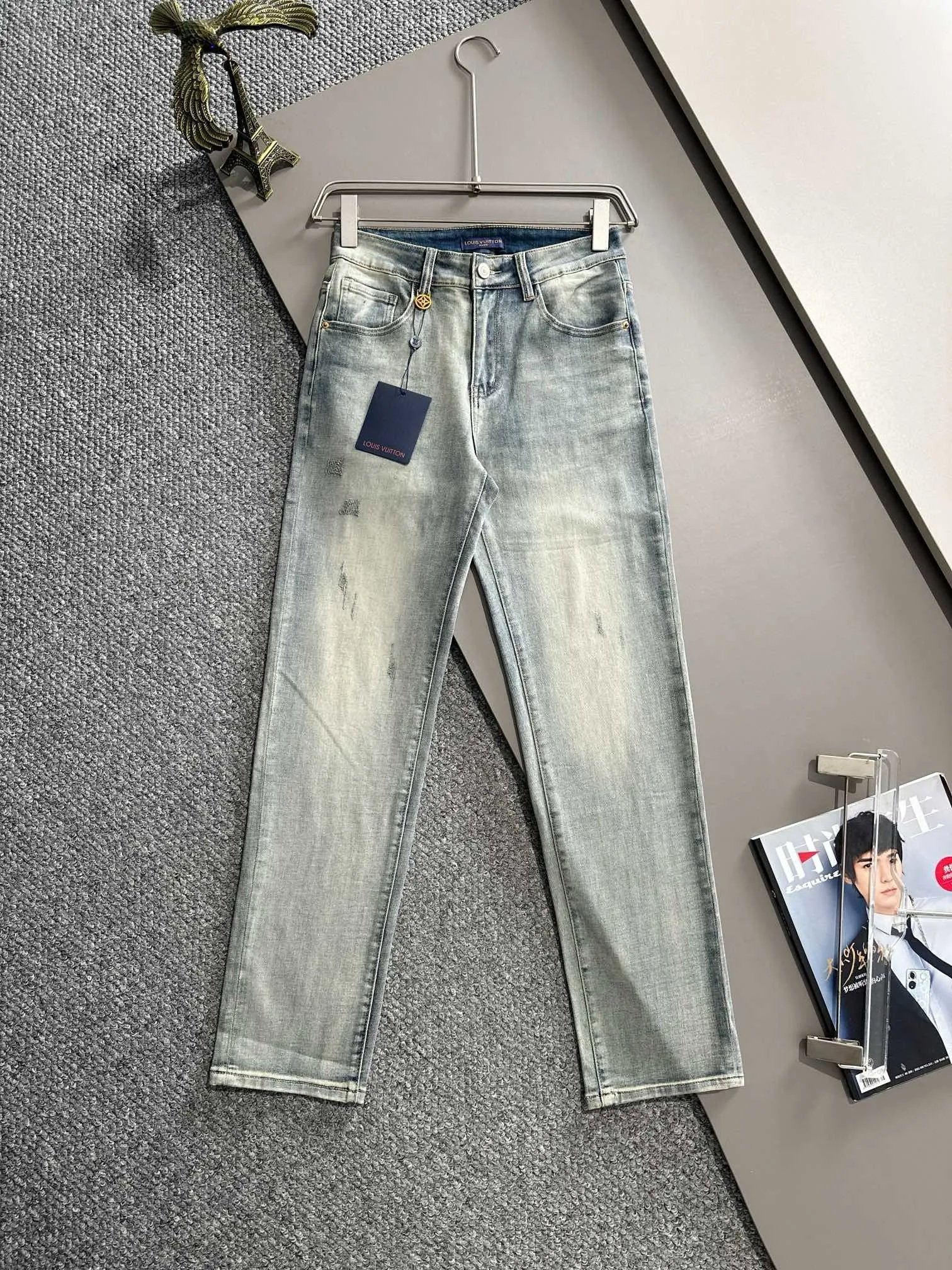 Louis Vuitton LV Jeans Back Waist Leather Tag logo25ss Spring Summer New Straight Leg Jeans Slim Fit High Waist Unisex Loose Long Pants