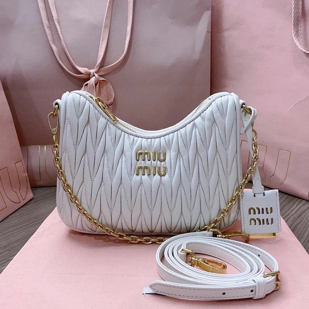 Miu Miu Bag Top version 【M Home】New Season Women's Bag Crystal Chain Accessories Series Handbag Pleated Lambskin hobo Bag Shoulder Crossbody Handbag Underarm Bag5BH211New Version Genuine Leather Shoulder Strap Shoulder Bag Chain Bag Underarm Bag