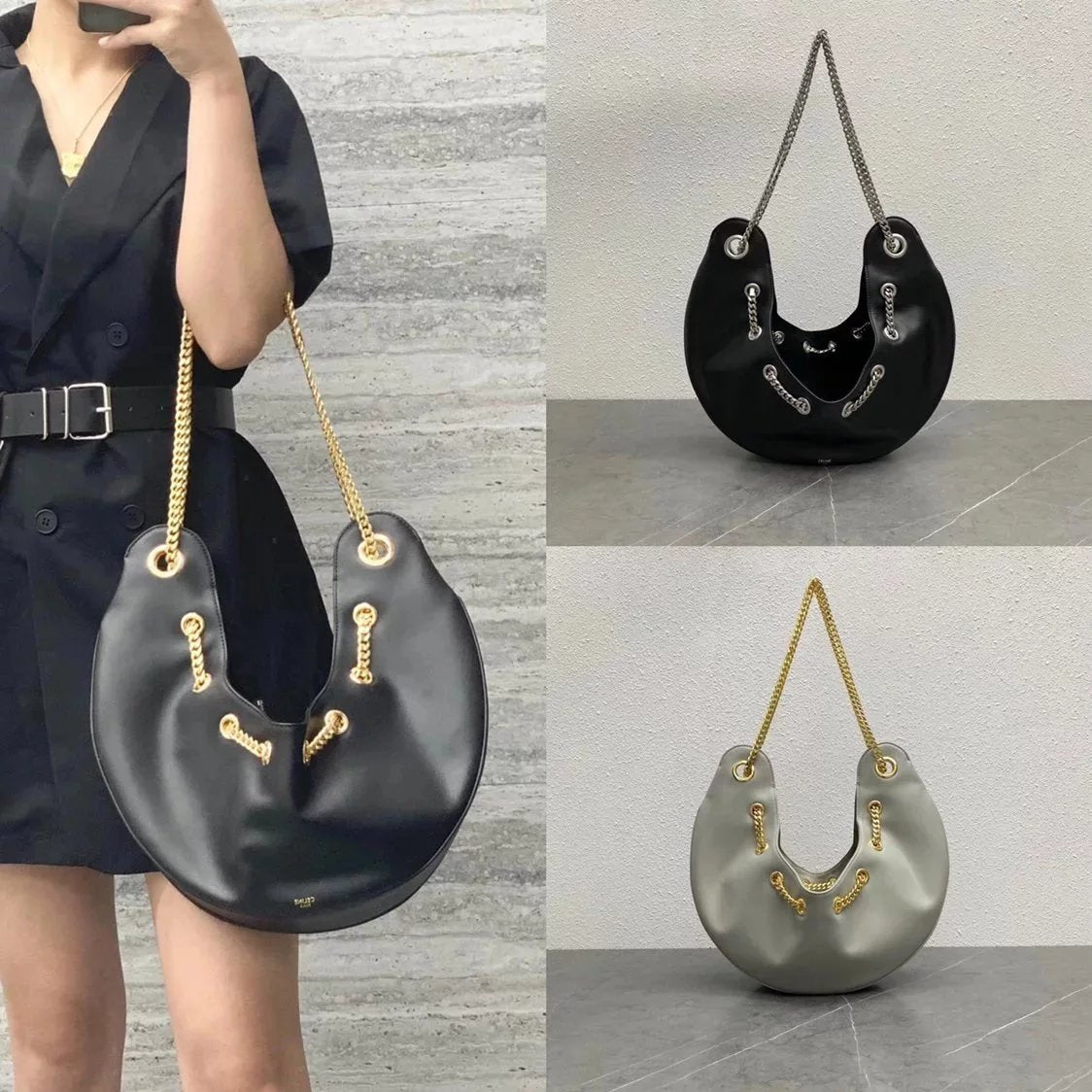 Celine women's bag Top version Original Leather2022New Product AVA Underarm Bag Chain Underarm Bag the Classic Moon Shape Natural Drape Design Chain Used Underarm Bag Is the Main Feature of This Chain Underarm Bag198993