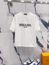 PRADA T-shirt Three-Dimensional Embroidery Spray Printing Letters LOGO Logo Crew Neck Short Sleeve Pure Cotton Unisex T T-shirt OS Loose Fit Casual T-Shirt