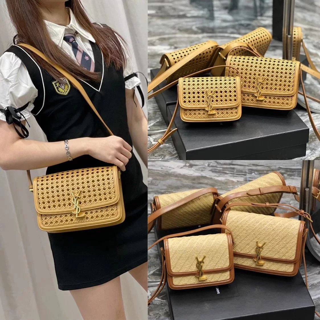 YSL Women's Bag Top version 【Super Quality】2023New woven bag Solferinobox_Apricot Bamboo Woven with Cowhide Gold Buckle Hollow Design Bamboo Woven Bag Raffia Series New Woven Square Bag Flap Messenger Bag Summer New Women's Bag