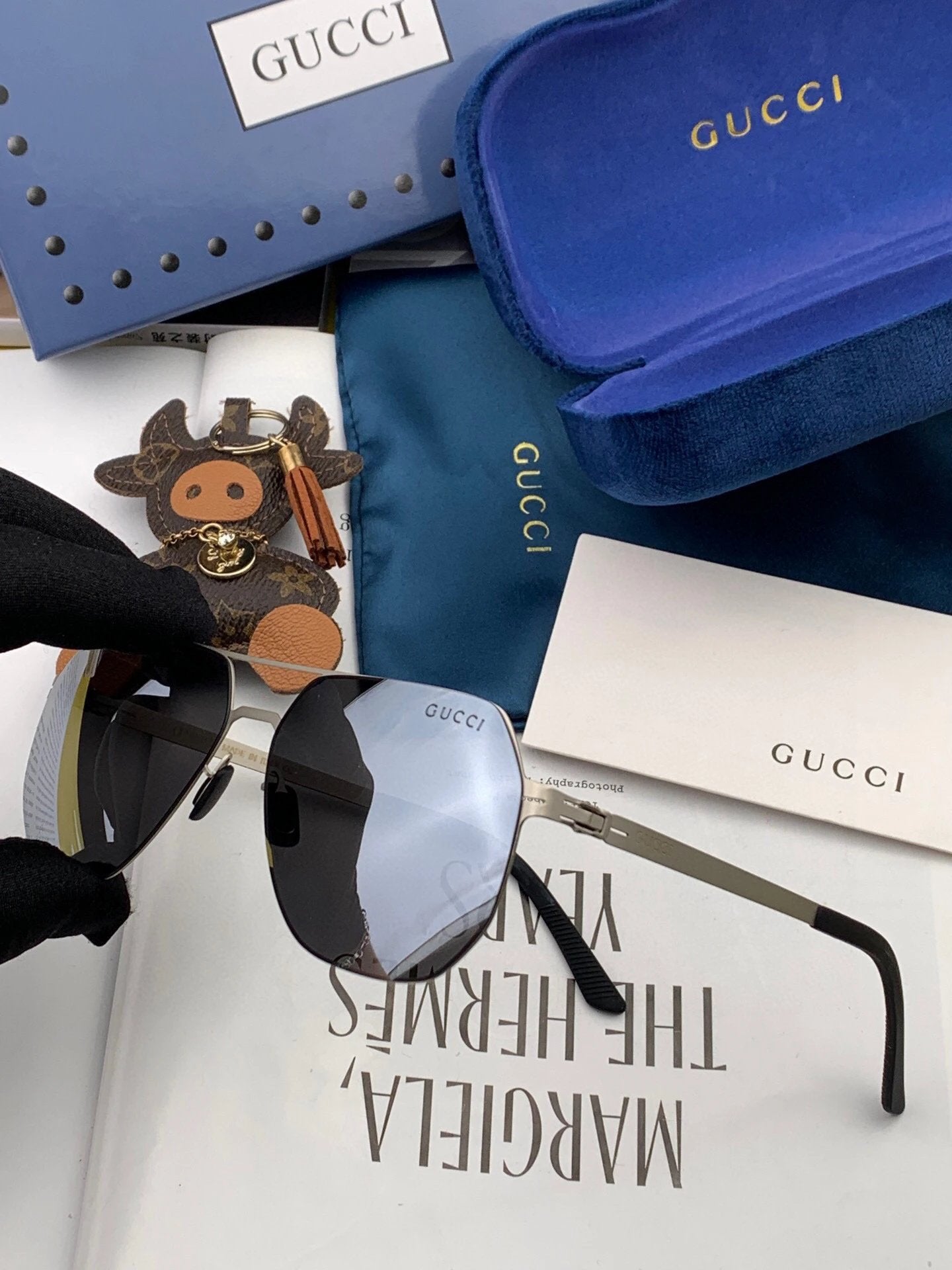 Gucci Sunglasses Polygonal Frame Sunglasses Slimming Non-Prescription Unisex Couple Style UV Protection Driving Beach Fishing25ss New Sports Casual Versatile