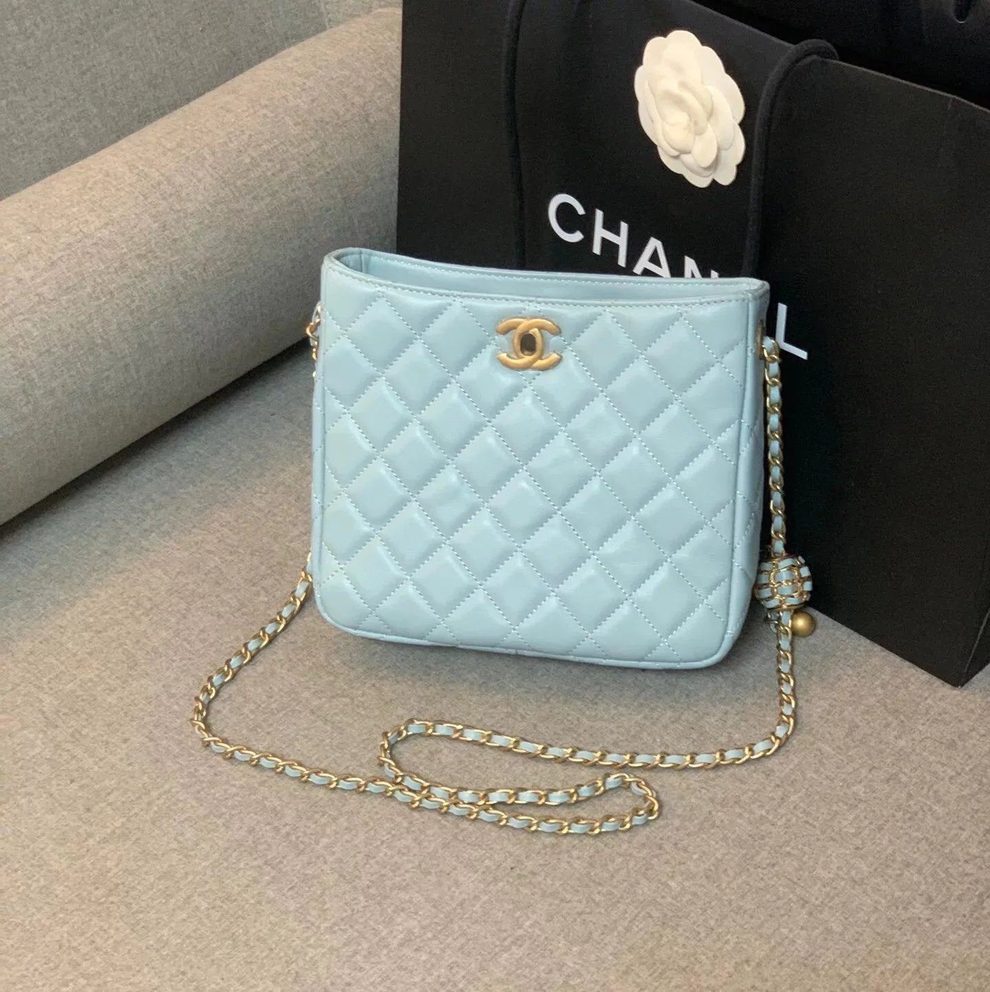 Chanel Women's Bag Top version 【Original Leather】2022Spring and Summer New Metal Beads hobo Hippie Bag Hobo Bag Walnut Golden Balls Adjustable Buckle Chain Bag Crossbody Bag hobo Underarm Bag Women's Bag