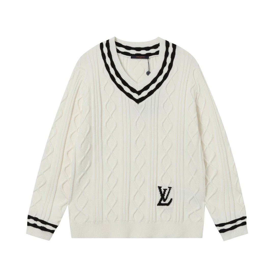 Louis Vuitton LV Sweater Knitted Jacquard Texture Argyle V Thickened Long Sleeve Pullover Sweater with Collar, Lazy Style OS Loose Fit Unisex Knit Top Jacket Versatile Casual Wearable Inside and Outside