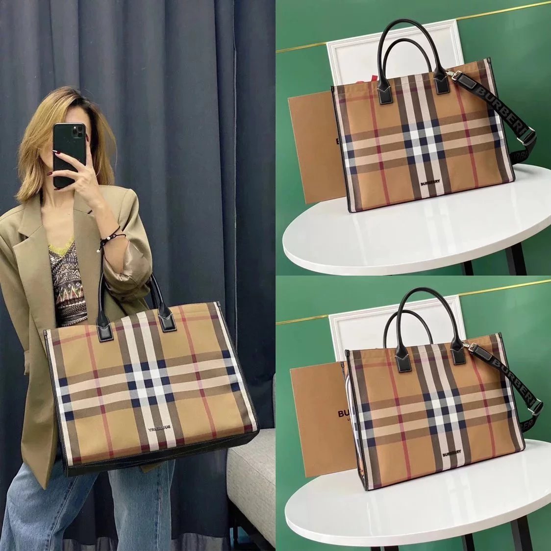 Burberry Women's Bag Top version 【Original Genuine Goods Leather】2022Latest Plaid Large Tote Bag Handbag Computer Bag Men's Handbag Tote Bag Briefcase Women's Computer Bag Mummy Bag Shopping Bag inside Full Imported Cowhide