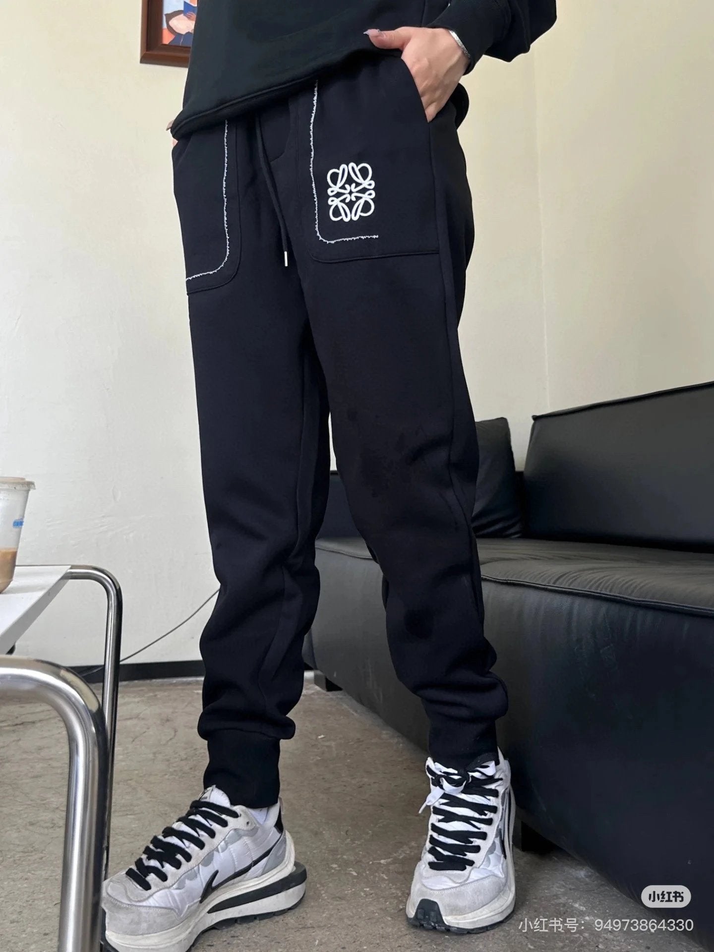 LOEWE Sweatpants Pocket Embroidery logo Drawstring Jogger Sweatpants for Men and Women, Autumn and Winter Loose Fit, High Waist, Color Block, Plus Size, Casual Pants