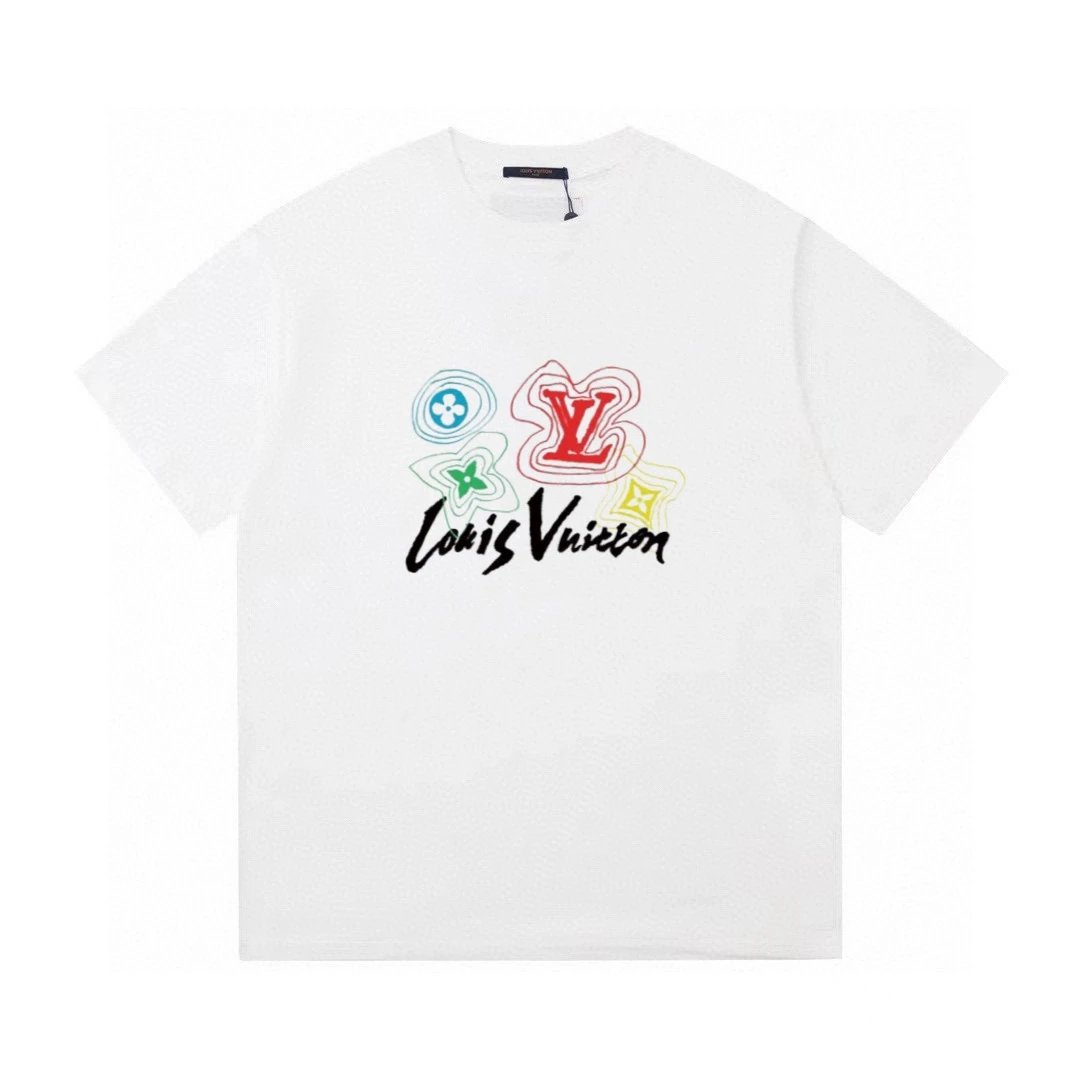 Louis Vuitton LV T-shirt Colorful Letter Print on the Chest logo round Neck Short Sleeve25ss New pure cotton T Unisex T-Shirt OS Drop Shoulder Loose Fit Base Shirt Top T-Shirt Short Sleeve