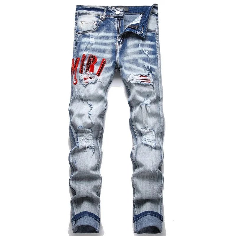 Amiri Jeans New Foreign Trade Style Fashion Blue with Holes Paste Cloth Embroidery Elastic Mid-Waist Feet Men's Jeans