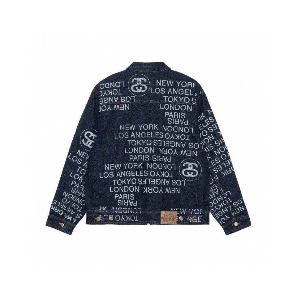 Stussy Jackets Top Version World Parade Full Printed Letters Printing logo Vintage Zipper Workwear Denim Jacket