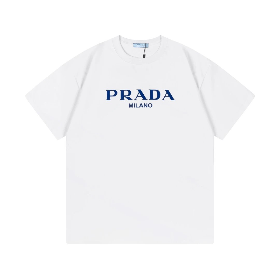 PRADA T-shirt Flocked Foam Blue Letters logo round Neck Short Sleeve25ss New Pure Cotton Unisex Style T Casual T-Shirt Base Layer Shirt OS Loose design