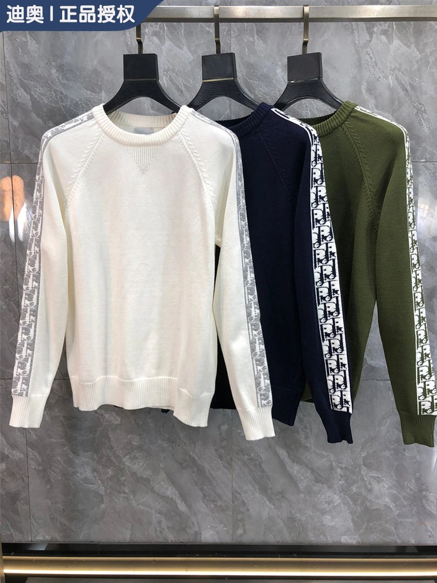 Dior Clothing 2024Autumn and Winter New round Neck Wool Popular Letters Contrast Color Sweater Men's Slim Bottoming Shirt Solid Color Fashion