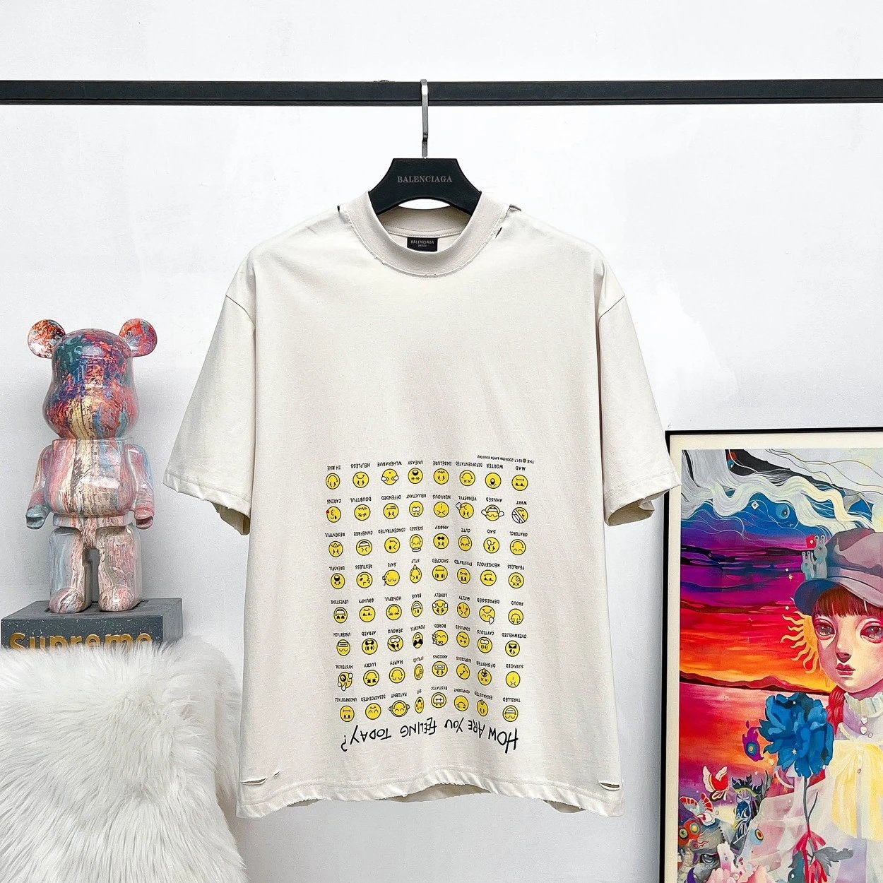 Balenciaga T-shirt Emoji Sticker Print logo round Neck Short Sleeve25ss New Pure Cotton Unisex Style T T-shirt OS Loose Fit Base Shirt Top Half Sleeve T-Shirt