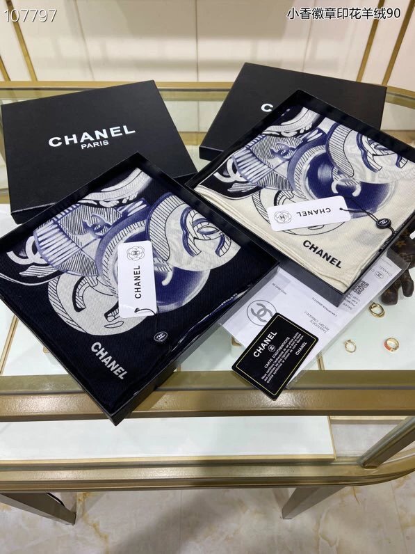 Chanel Scarf New【Badge Print Cashmere90】Double-Sided Same-Color Printed Cashmere Square Scarf Pure Cashmere Baby Feels Comfortable to Fly