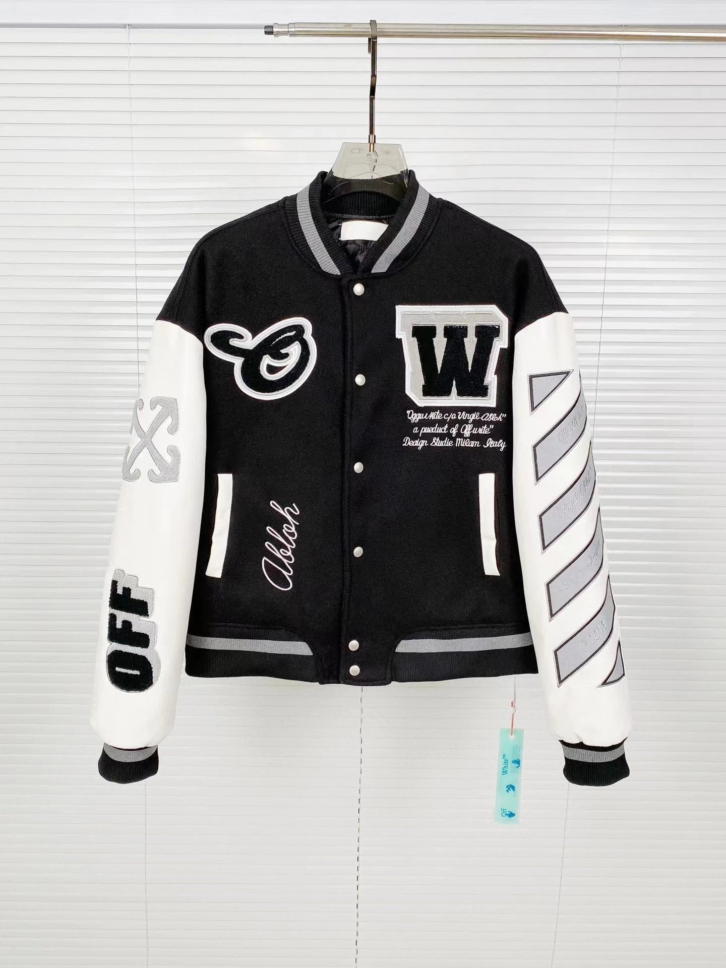 OFF-White Jackets Coats This Year's New Leather Patchwork Baseball Uniform European and American Fashion Brand Couple's Youth Street Fashion Jacket Jacket