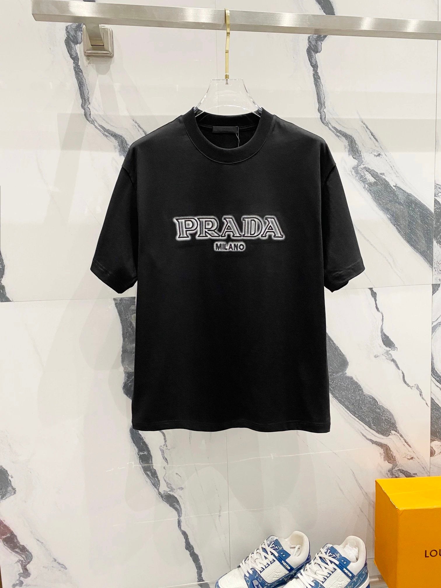 PRADA T-shirt Three-Dimensional Embroidery Spray Printing Letters LOGO Logo Crew Neck Short Sleeve Pure Cotton Unisex T T-shirt OS Loose Fit Casual T-Shirt