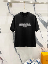 PRADA T-shirt Three-Dimensional Embroidery Spray Printing Letters LOGO Logo Crew Neck Short Sleeve Pure Cotton Unisex T T-shirt OS Loose Fit Casual T-Shirt