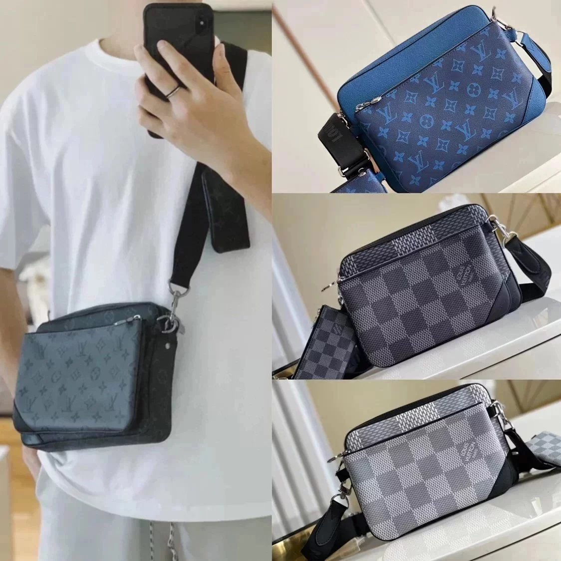 Louis Vuitton LV Men's Bag Top version 【】Men's Bag2021Spring and Summer New PochetteTrio Postman Series M69443Three-in-One Pure Steel Hardware Presbyopic Black Flower Crossbody Shoulder Crossbody Small Bag Clutch Men's Briefcase Bag