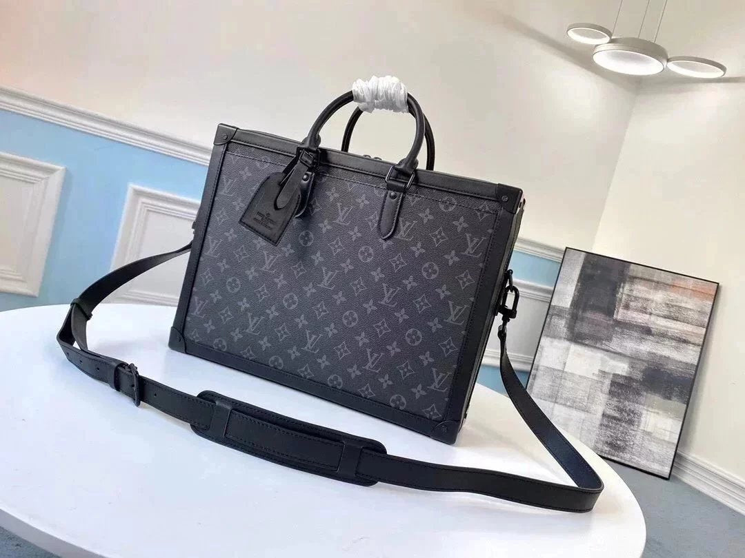 Louis Vuitton LV briefcase Top version 20Spring and Summer New Presbyopic Black Flower SoftTrunk Men's Briefcase Shoulder Messenger Handbag Men's Bag MonogramEclipse Canvas Square Corner Leather Handle Shoulder M44952
