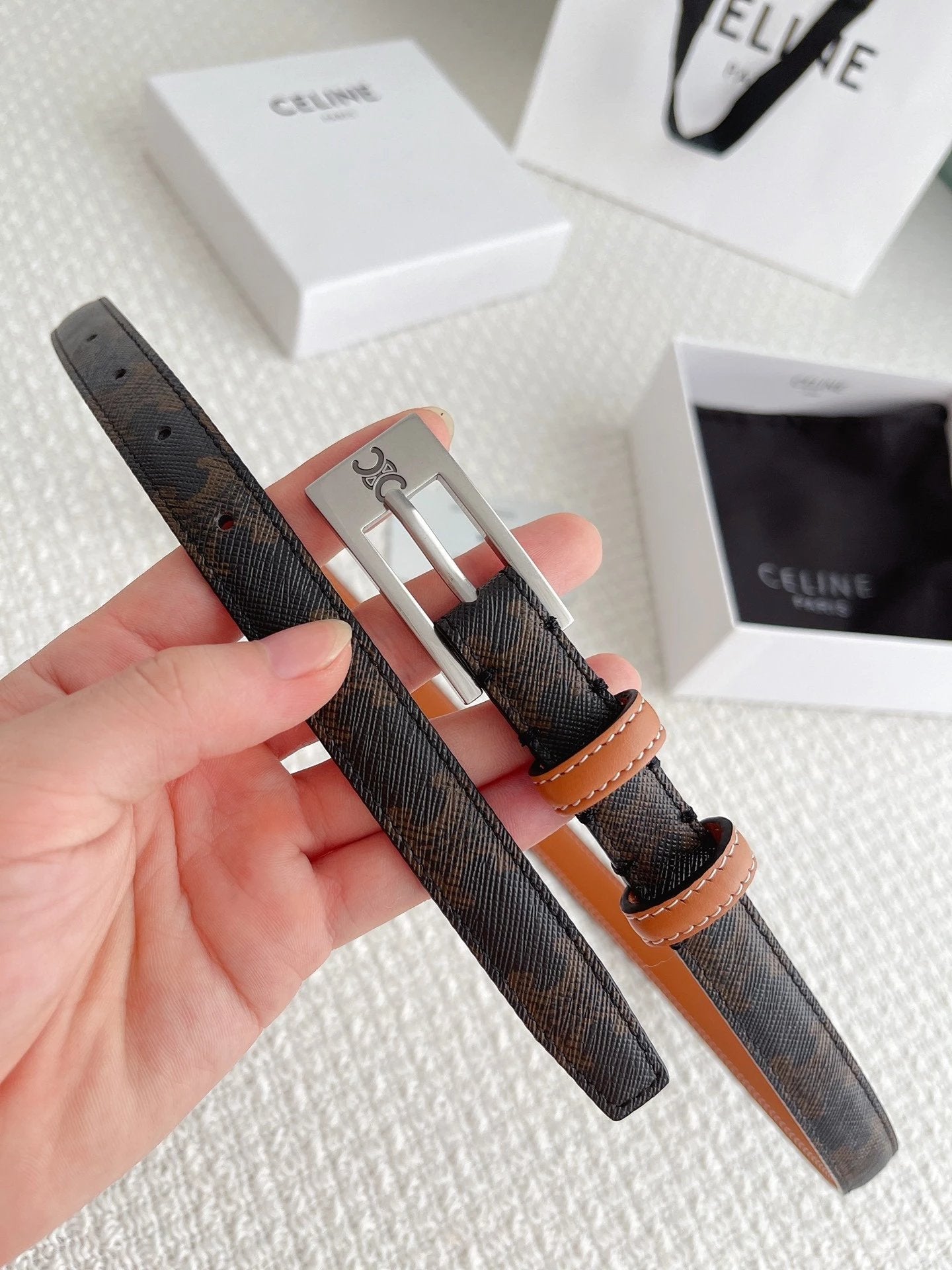 Celine Belt Top version Counter Version Free Packaging Ladies Belt Width1.8cm Genuine Goods Quality Counter Full Package Imported Smooth Cow Leather Belt Boutique Palladium Plated Pin Buckle Retro Style Pure Copper Golden Mingring Counter New Women's Belt