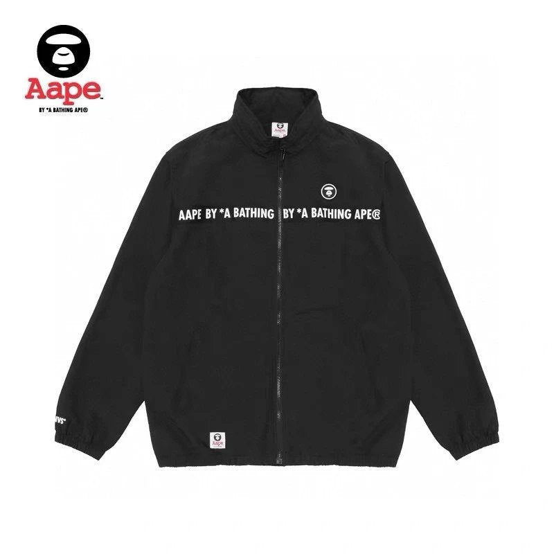 Bape Jackets Top Version Xiao Zhan Style Hat Storage Men's Spring and Summer Ape Face Badge Solid Color Printing Elastic Zipper Trench Coat Coat Jacket