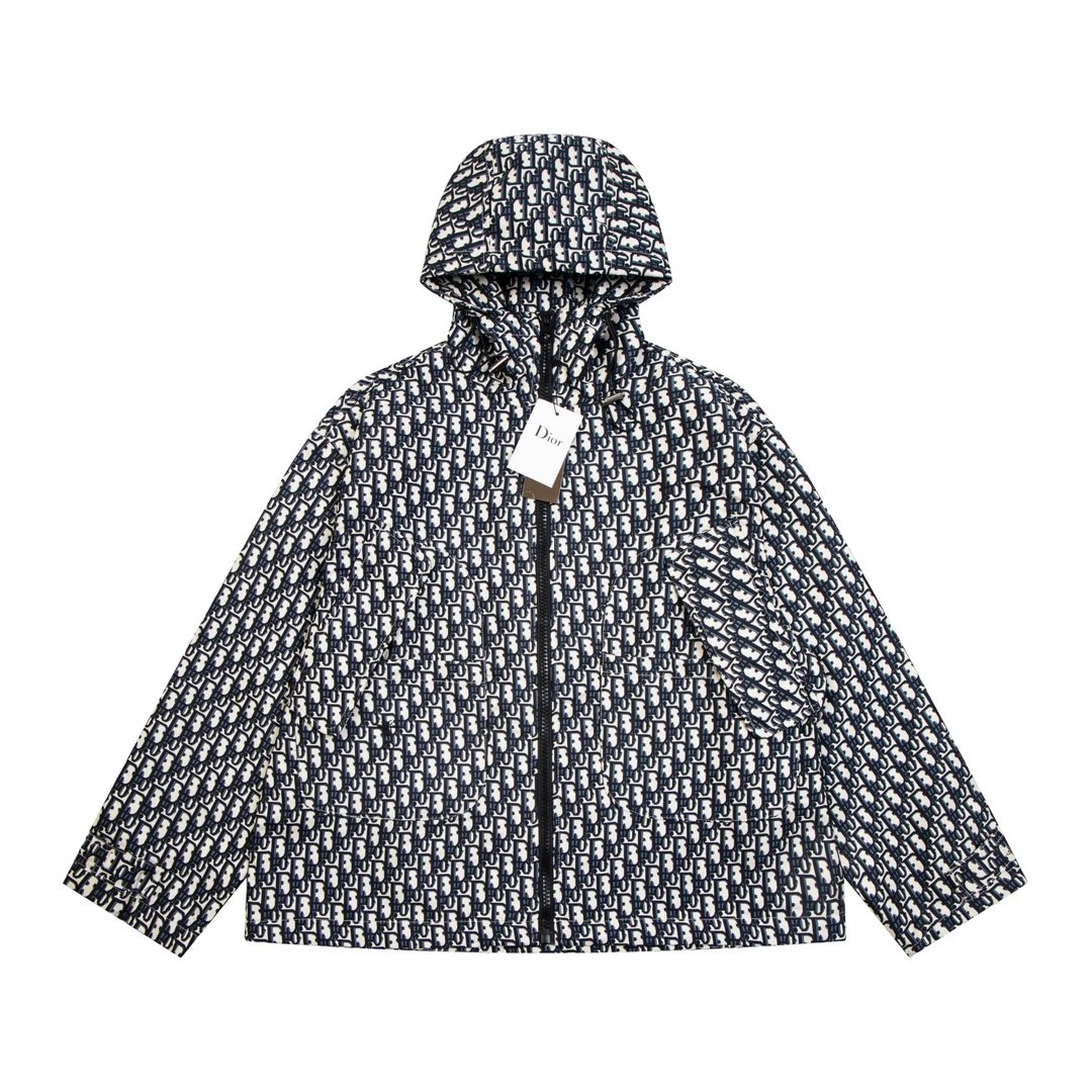 Dior Jackets Presbyopic Printed Canvas Denim Jacquard Hooded Jacket Casual Loose Hoodie Zipper Cardigan Os Unisex Style24ss Autumn and Winter New Products