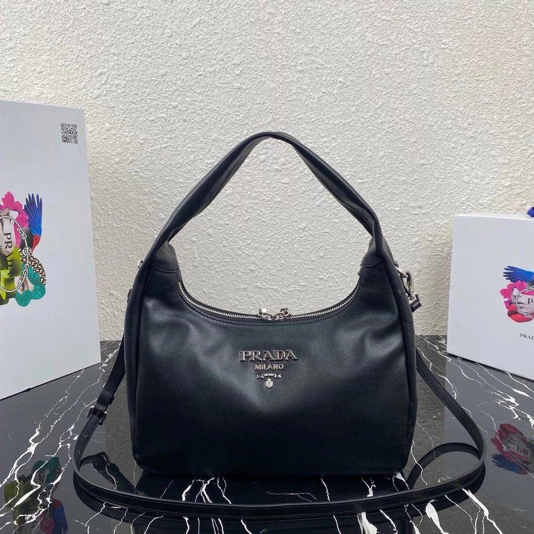 PRADA Bag Top version 2020Autumn and Winter New Hobo Series Retro Style Full Leather Messenger Bag Shoulder Bag Underarm Bag Handbag Women's Bag Women's Bag1BC132