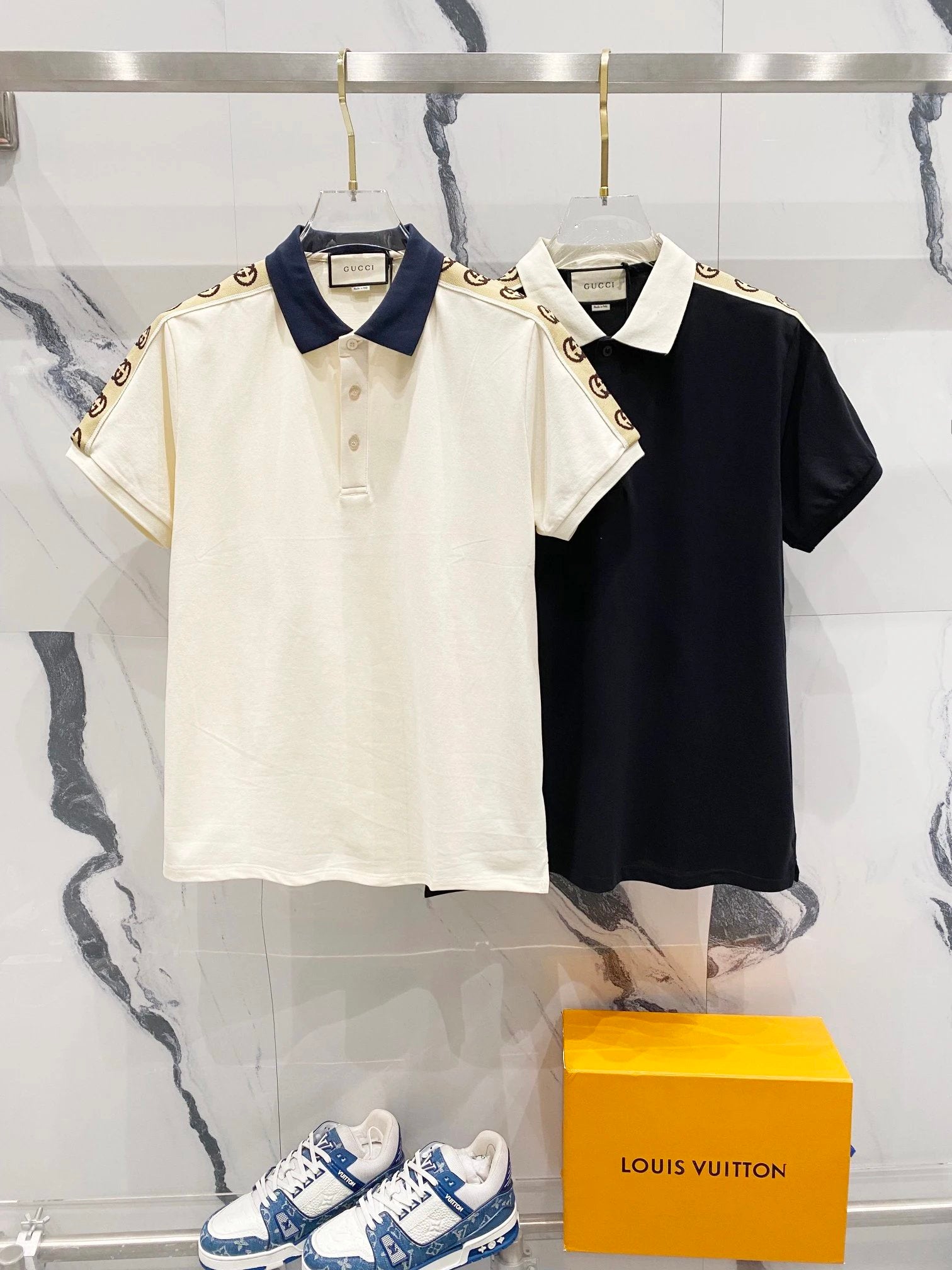 Gucci T-shirt Classic Pair G Ribbon Splicing LOGO Oversleeves POLO Short Sleeve Turn-down Collar Shirt Unisex Summer Solid Color Loose Fit T Business Commuter Short Sleeve Shirt Plus Size T-Shirt