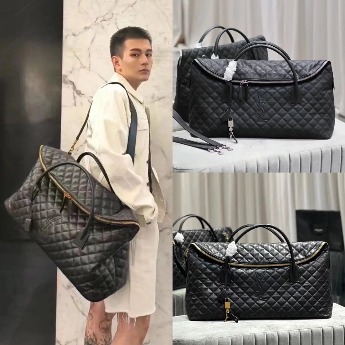 YSL Backpack Top version 【Surrogate Shopping Version Original Leather】Rose Same Style Brand New ESGIANT Quilted Leather Travel Bag Large50cm Travel Bag travelbag Unisex Large Capacity Bag Travel Bag736009