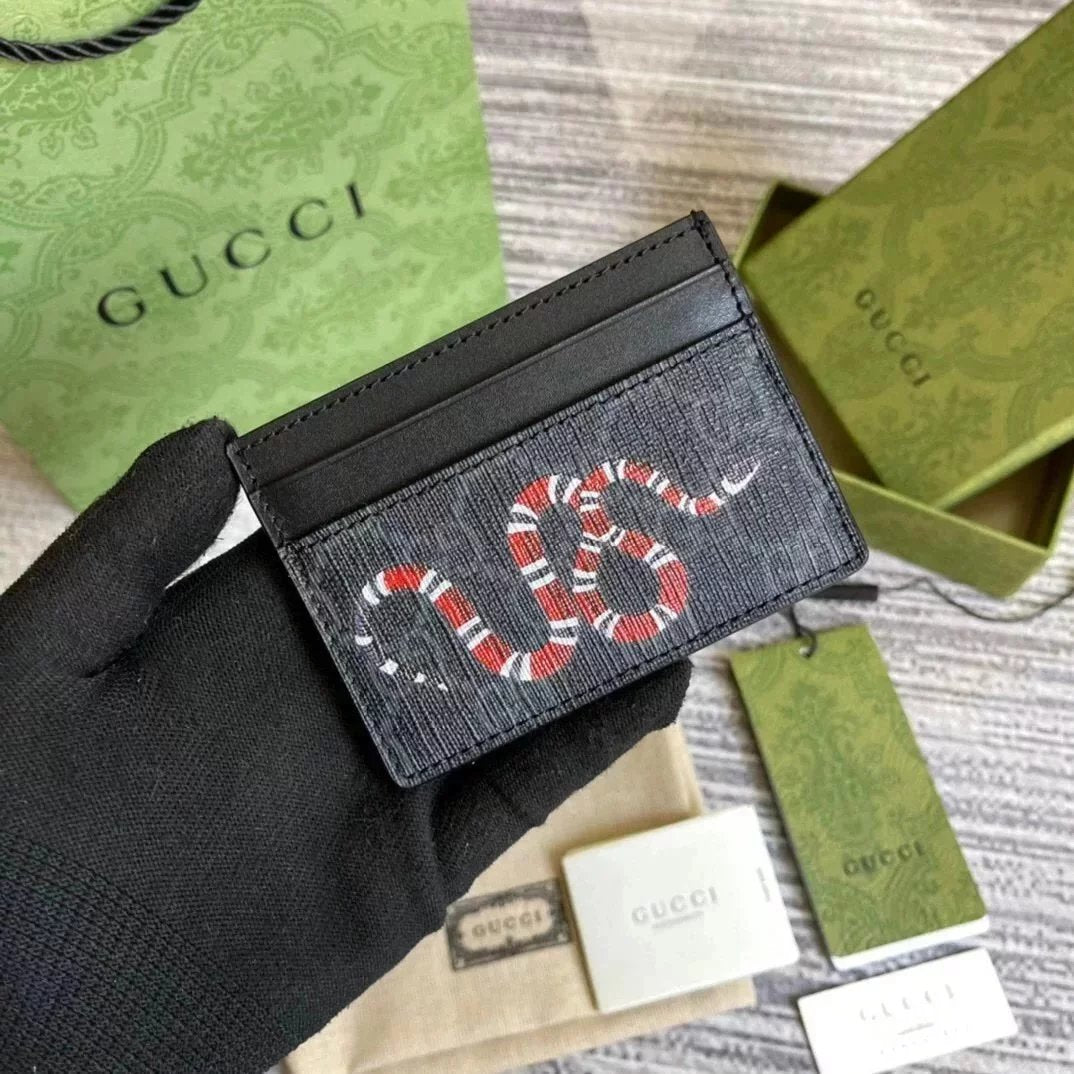 Gucci Wallet Top version 【Original Order】Tiger Head marmont Bee Print Small Card Holder Lightweight and Convenient Pair G Letters logo Genuine Leather Card Holder Card Holder Unisex