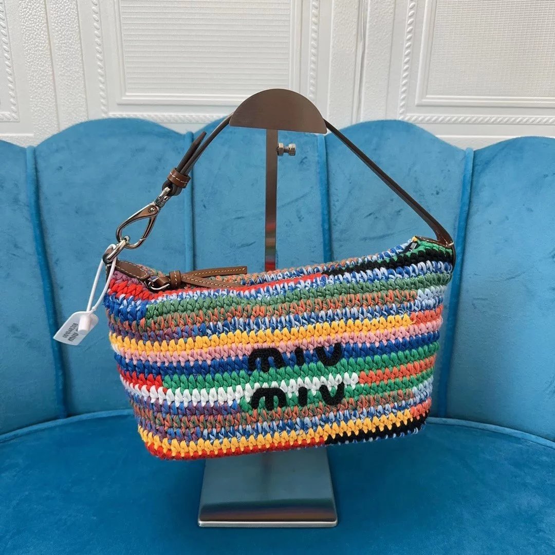 Miu Miu Bag Top version 2024New Rainbow Woven Lunch Box Bag Crane Bag Vacation Style Summer Fashion Casual Women's Bag