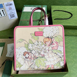 Gucci Women's Bag Top version 【**Version】2023New Children's Printing Series Tote Bag Pink Jason Pattern2024New Children's Bags Tote Package Vegetable Basket Bag605614New Sausage Dog Bichon LADYBIRD