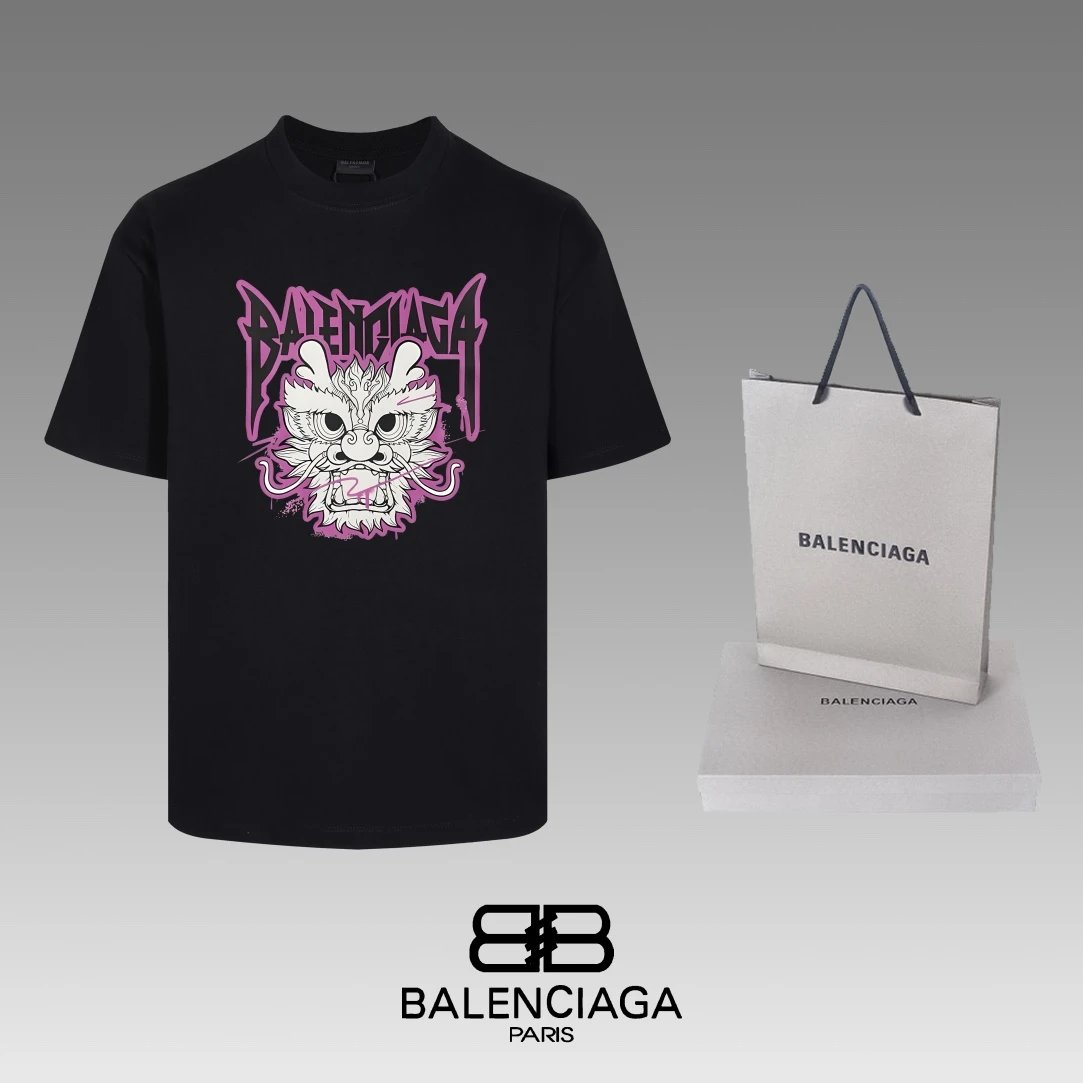 Balenciaga T-shirt Letter Dragon Head Print on the Chest logo round Neck Short Sleeve25ss New pure cotton T Unisex T-Shirt OS Drop Shoulder Loose Fit Base Shirt Top T-Shirt Short Sleeve