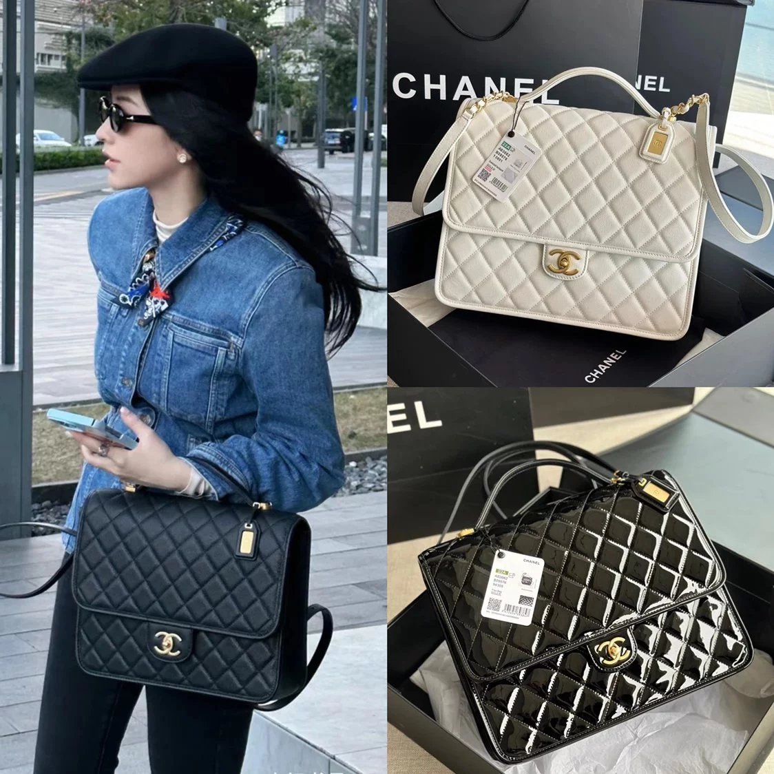 Chanel Women's Bag Top version 【New Arrivals】Best-selling new type Jennie Same Style22K Backpack Black Patent Leather Rhombic Lychee Leather Backpackage Backpack Sports Bag Travel Bag Women's Bag Luggage Bag Portable Women's Briefcase AS3662