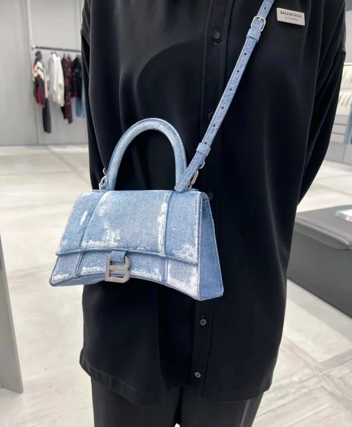 Balenciaga Bag Top version 【**Surrogate Shopping Edition】2022New Hourglass Hourglass Bag Graffiti Denim Inner Sheepskin Leather Women's Bag Shoulder Handbag Messenger Bag Denim Hourglass Bag