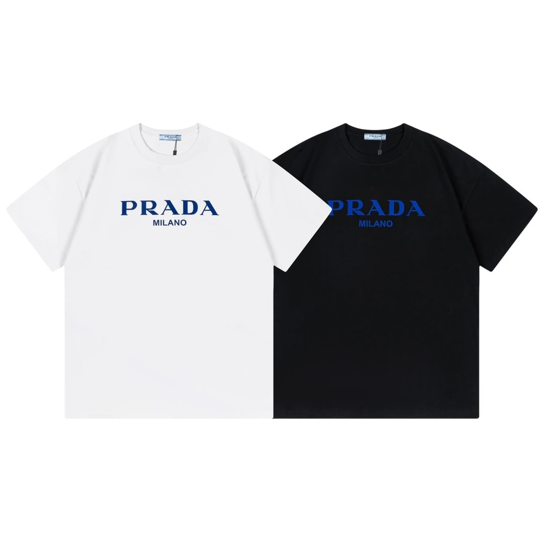 PRADA T-shirt Flocked Foam Blue Letters logo round Neck Short Sleeve25ss New Pure Cotton Unisex Style T Casual T-Shirt Base Layer Shirt OS Loose design