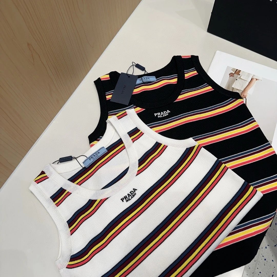 PRADA T-shirt Full-length Striped logo Sleeveless Short Sleeve Sleeveless Vest25ss New Pure Cotton Women's Base Shirt T T-shirt OS Loose Fit Half Sleeve T-Shirt