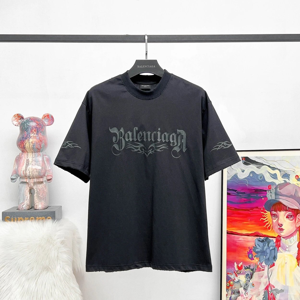Balenciaga T-shirt Totem Heart Letter Crack Print Vintage Crew Neck Short Sleeve25ss New Pure Cotton Unisex Style T T-shirt OS Loose Fit Base Shirt Top Half Sleeve T-Shirt