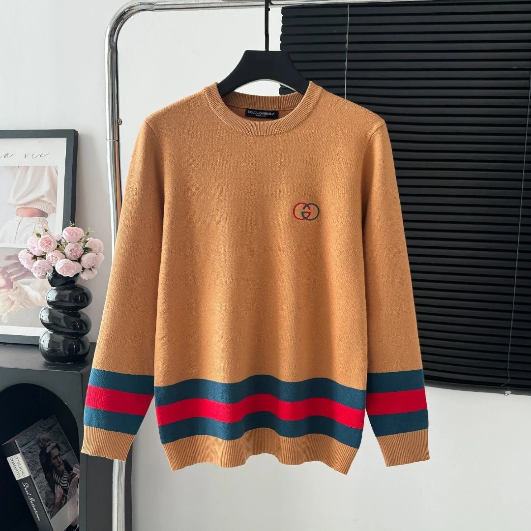 Gucci Sweater Striped Hem Crew Neck Sweater25ss Spring New Thickened Long Sleeve Pullover Unisex OS Loose Fit Lazy Style Top Versatile Casual Jacket