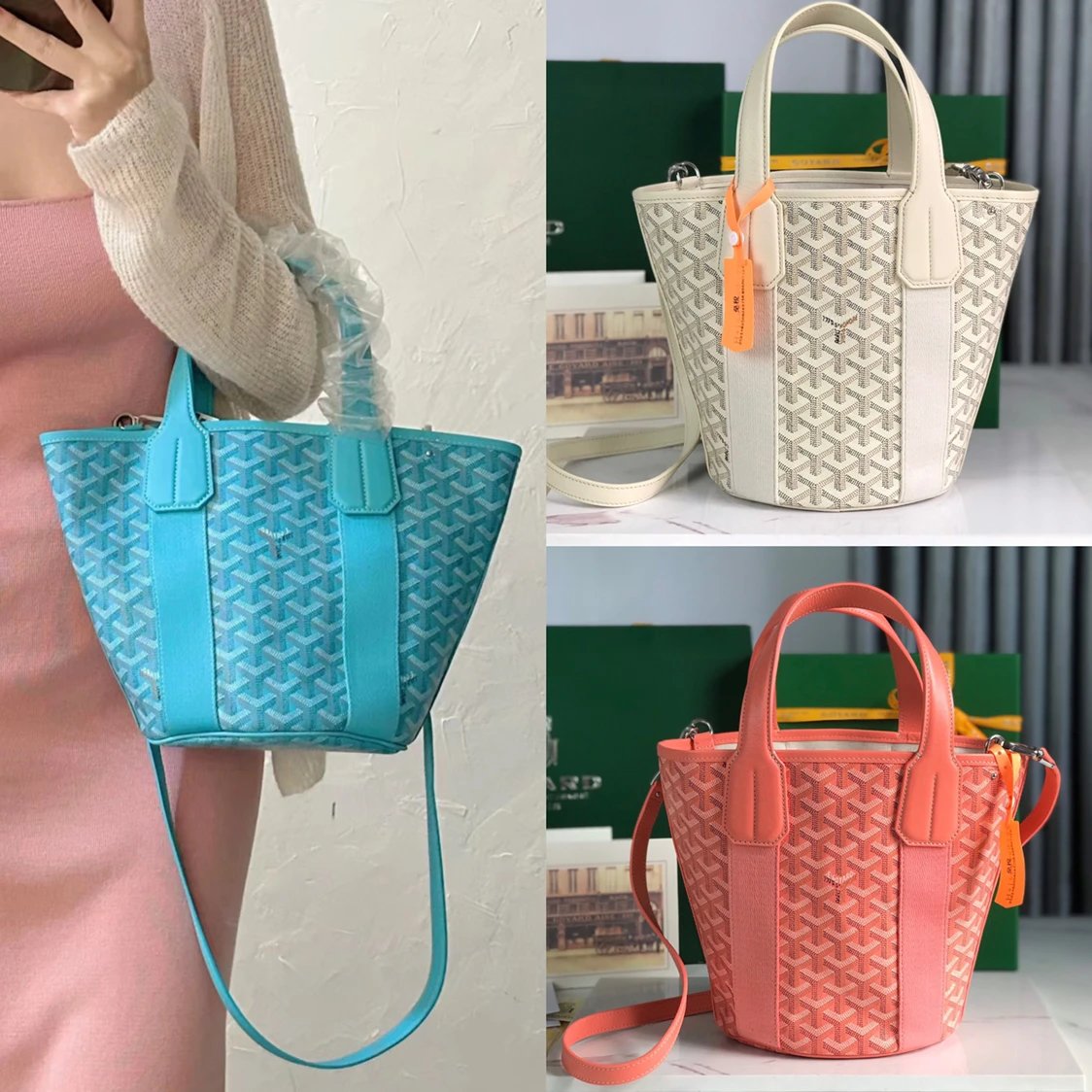 Goyard Bag Top version 【Premium Original Leather】Maison Vegetable Basket Bag New Portable Bucket Bag Handbag Messenger Bag Shoulder Bag Brand New Sand Stone Color Turquoise Green Coral Pink Belharra Small Size Canvas Vegetable Basket Bag Shopping Basket B