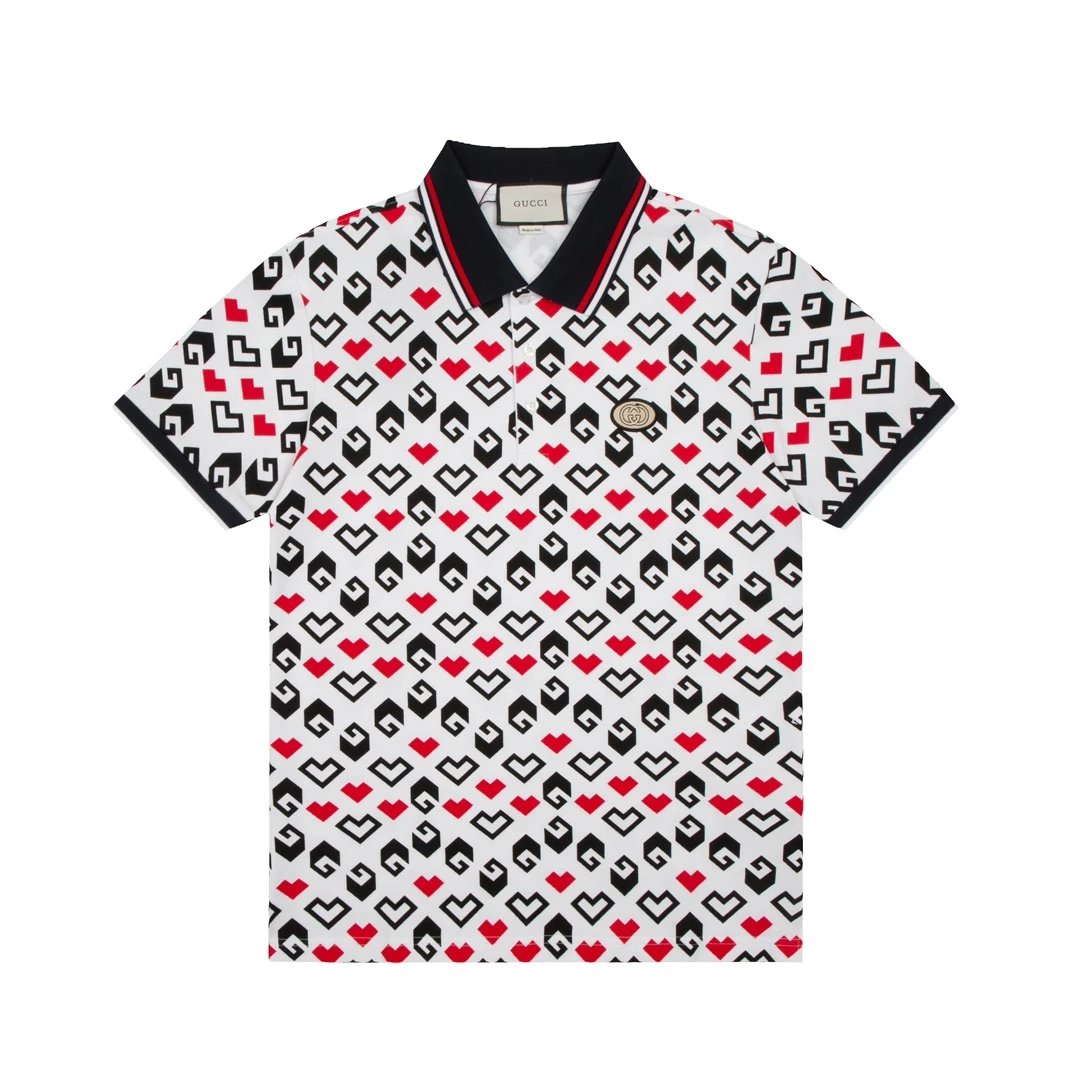 Gucci T-shirt Classic Letters GG Heart-shaped Full Print POLO Shirt Lapel Short Sleeve25ss New Unisex Summer Short Sleeve OS Loose T Business Half Sleeve Shirt Plus Size T-Shirt