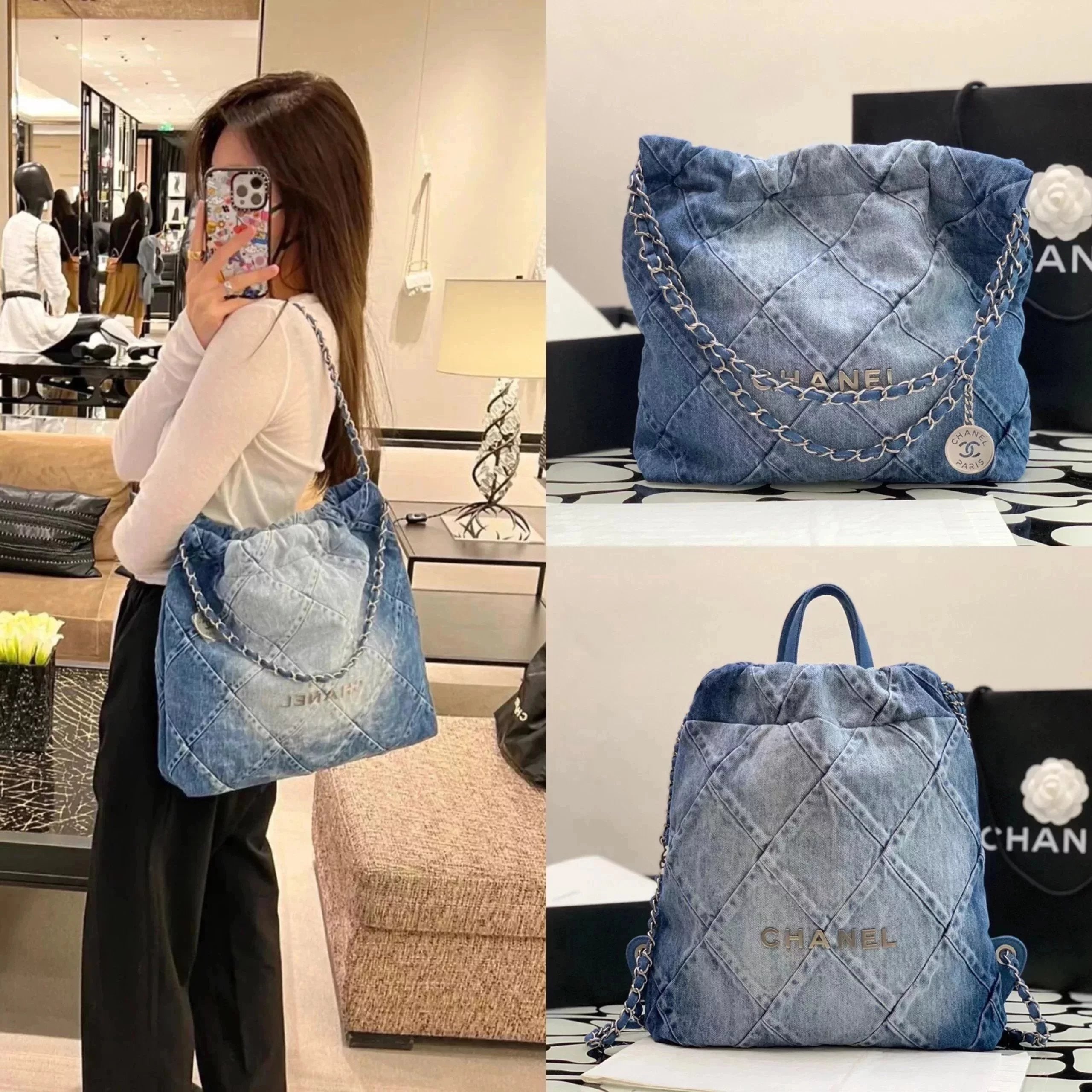 Chanel Women's Bag Top version 【Super Original】23P New22bag Denim Garbage Bag22Handbag New Denim Denim Backpack22bag Gradient Color Denim Shopping Bag Tote Bag Shoulder Bag Hand-Carrying Bag