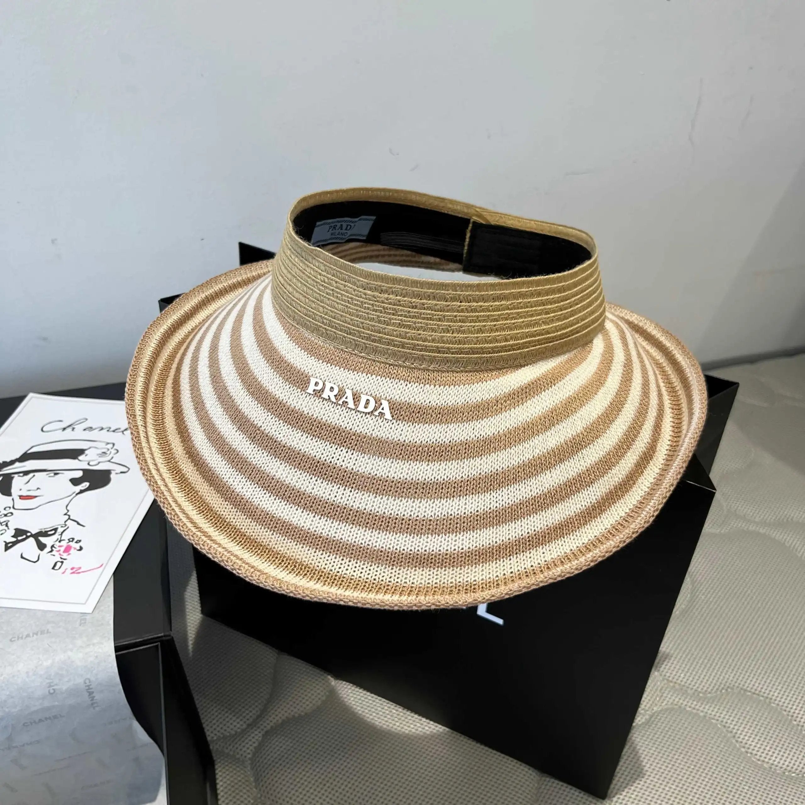 PRADA Hat Striped Knitwear logo Fisherman Hat Casual Sun Protection UV Protection Plain Face Covering Sun Hat Outdoor Versatile Flat Top Bucket Hat