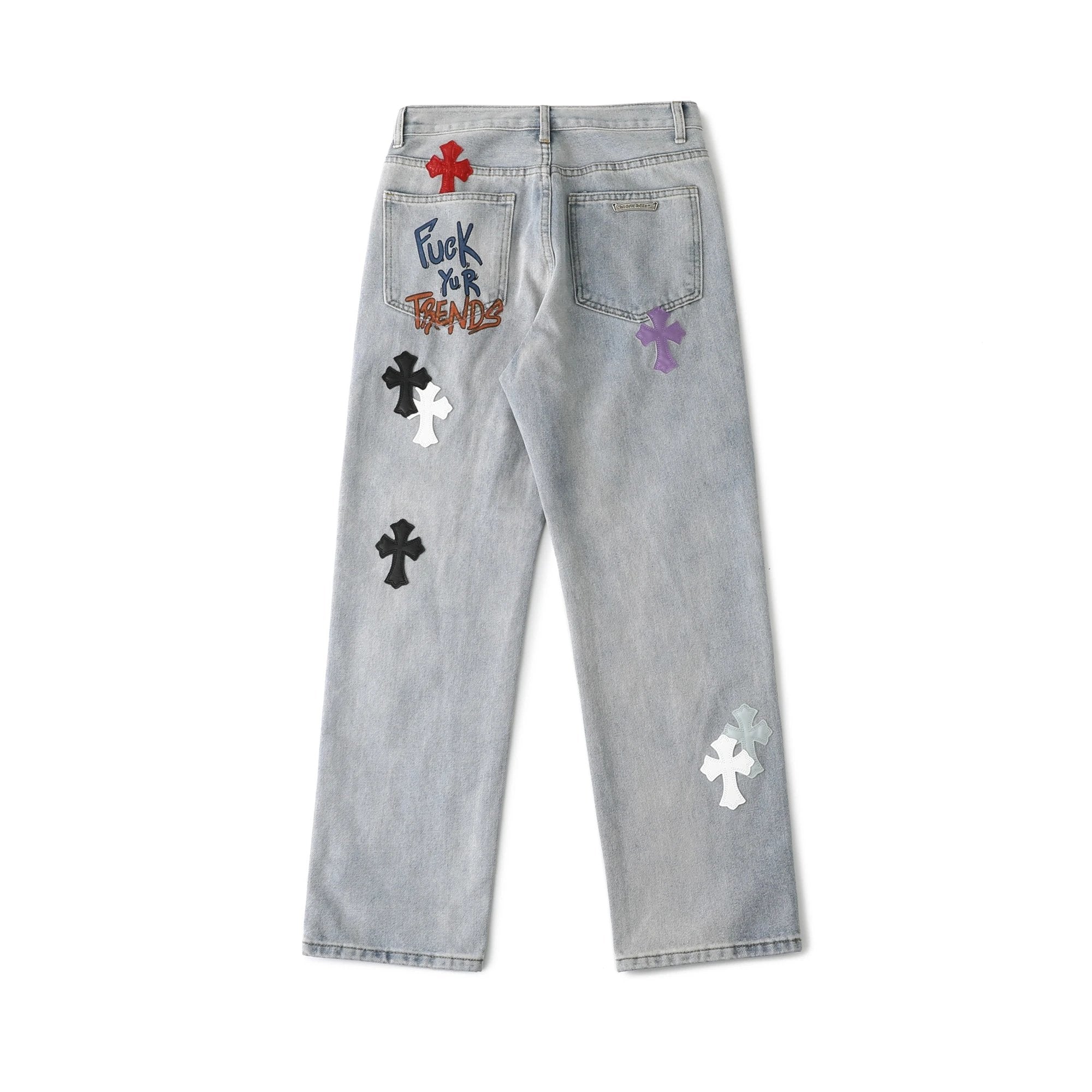 Chrome Hearts Jeans Faux Leather Graffiti Print logo25ss Spring Summer New Straight Loose Jeans Unisex Slim Fit Long Pants