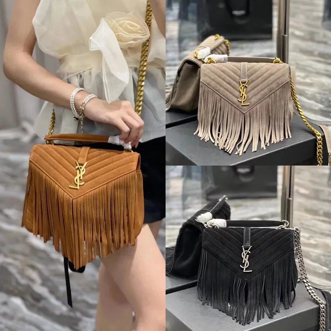 YSL Women's Bag Top version 【Original Leather】2022Autumn and Winter New Tassel Messenger Bag Women's Bag Frosted Cowhide Flip Chain Bag Tassel Bag Women's Bag392736