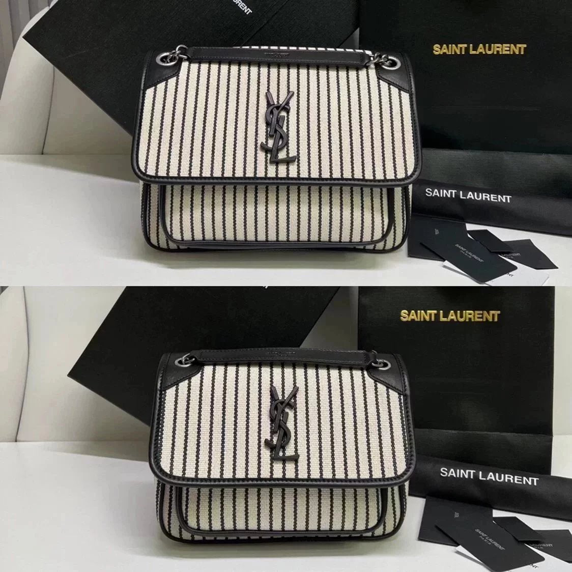 YSL Women's Bag Top version 2022New Product Niki Striped Canvas Bright Black and White Striped Color Matching Two Sides Decorated with Black Cowhide to Make People Shine at the Moment.Front Embellished Iconic“”logo New Sign Niki Package Medium and Small S